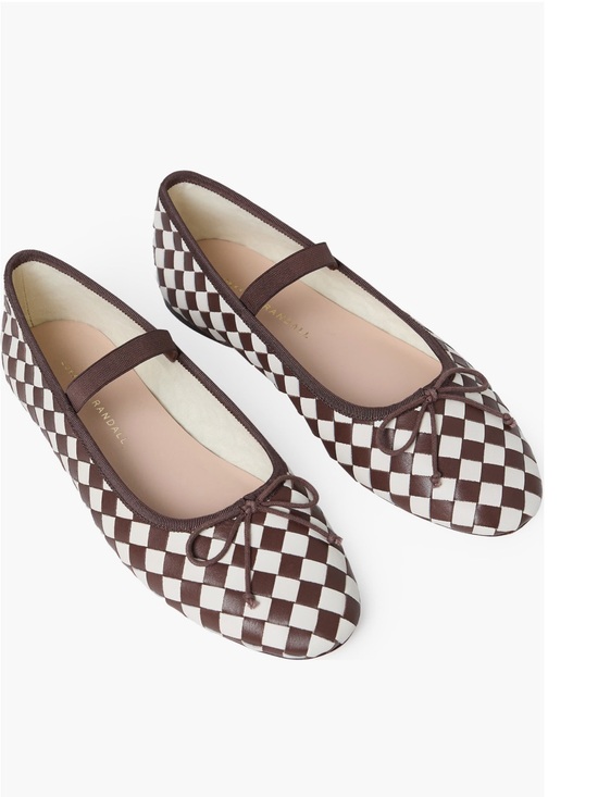 Loeffler Randall Shoes - Women’s Leonie Mary Jane Brown & Cream Checker Ballet Flats with Bow